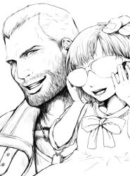 Rule 34 | 1boy, 1girl, amemori 0207, barret wallace, beard, bow, bowtie, child, dog tags, facial hair, father and daughter, final fantasy, final fantasy vii, final fantasy vii remake, glasses, hand on another&#039;s head, lineart, marlene wallace, open mouth, scar, scar on face, short hair, short sleeves, smile, square enix, upper body, very short hair, vest, white background