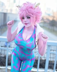 Rule 34 | 1girl, ashido mina, black sclera, blurry, blurry background, boku no hero academia, breasts, cleavage, clenched hand, colored sclera, colored skin, cosplay photo, cowboy shot, cropped jacket, curly hair, day, fence, fur-trimmed jacket, fur trim, hair between eyes, highres, horns, jacket, large breasts, looking at viewer, myuumarie, outdoors, parted lips, photo (medium), pink hair, pink lips, pink skin, short hair, solo, two-tone, unitard, yellow eyes