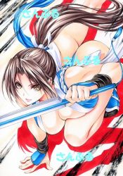 Rule 34 | 1girl, ass, breasts, cleavage, fatal fury, hand fan, large breasts, marker (medium), parted bangs, ponytail, revealing clothes, shiranui mai, simple background, snk, solo, the king of fighters, thighs, traditional media, yqgkg