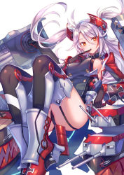 Rule 34 | 1girl, azur lane, blush, boots, breasts, brown hair, choker, cross, elbow rest, finger to mouth, floating hair, garter straps, hair between eyes, headgear, highres, iron cross, large breasts, long hair, looking at viewer, mole, multicolored hair, parted lips, prinz eugen (azur lane), red hair, rigging, rudder footwear, silver hair, sitting, solo, streaked hair, suzaku (zaku6584), swept bangs, thigh boots, thighhighs, two side up, very long hair