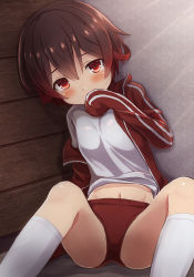 Rule 34 | 1girl, alternate costume, blush, breasts, brown hair, buruma, gradient hair, gym shirt, gym storeroom, gym uniform, indoors, jacket, kantai collection, long sleeves, looking at viewer, multicolored hair, mutsuki (kancolle), name tag, navel, ootori (kyoya-ohtori), open clothes, open jacket, open mouth, red buruma, red hair, shirt, short hair, sitting, small breasts, solo, tears, track jacket, twitter username, vaulting horse, white shirt