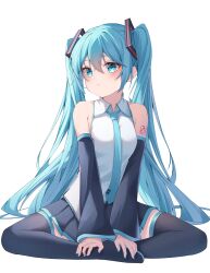 Rule 34 | 1girl, absurdres, arm tattoo, black footwear, black skirt, black sleeves, blue eyes, blue hair, blue nails, blue necktie, blush, boots, closed mouth, collared shirt, detached sleeves, full body, hair between eyes, hair ornament, hatsune miku, highres, indian style, long hair, long sleeves, miniskirt, nail polish, necktie, number tattoo, pleated skirt, ryaru ryaru, shirt, simple background, sitting, skirt, sleeveless, sleeveless shirt, solo, tattoo, thigh boots, twintails, very long hair, vocaloid, white background, white shirt, wing collar