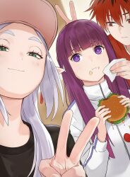 Rule 34 | 1boy, 2girls, baseball cap, black shirt, burger, closed mouth, commentary, contemporary, earrings, fern (sousou no frieren), food, food on face, frieren, green eyes, grey hair, hat, highres, holding, holding burger, holding food, jacket, jewelry, justnoita, long hair, multiple girls, napkin, outdoors, pointy ears, purple eyes, purple hair, red eyes, red hair, selfie, shirt, short hair, smile, smug, sousou no frieren, stark (sousou no frieren), track jacket, v over head, very long hair, white jacket, wiping face
