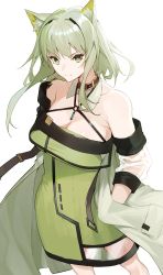 Rule 34 | 1girl, animal ear fluff, animal ears, arknights, bad id, bad twitter id, bare shoulders, black choker, breasts, cat ears, choker, cleavage, commentary request, criss-cross halter, dress, feet out of frame, green dress, green eyes, green hair, halterneck, hand in pocket, highres, kal&#039;tsit (arknights), large breasts, long hair, long sleeves, looking at viewer, material growth, off shoulder, oripathy lesion (arknights), raitho, short dress, simple background, solo, standing, v-shaped eyebrows, white background