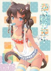 Rule 34 | 1girl, absurdres, animal ears, bandeau, bikini, blue eyes, breasts, cat ears, cat tail, cleavage, cuteg, food, food-themed clothes, groin, h2so4, hair bobbles, hair ornament, hairpin, highres, holding own tail, looking at viewer, lowleg, lowleg bikini, mouth hold, multicolored clothes, multicolored legwear, one-piece tan, original, panties, polka dot, popsicle, see-through, sidelocks, small breasts, solo, striped bikini, striped clothes, striped thighhighs, sweat, swimsuit, tail, tan, tanline, thighhighs, underwear
