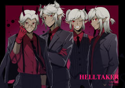 Rule 34 | 1boy, alternate costume, alternate hairstyle, black horns, black neckwear, black suit, chain, character name, commentary request, copyright name, demon horns, ear piercing, earrings, formal, glasses, gloves, grey hair, grin, hair ornament, half updo, hand in pocket, helltaker, highres, horns, jacket, jacket on shoulders, jewelry, link, long sleeves, looking at viewer, male focus, medium hair, multiple views, nintendo, parted bangs, parted lips, piercing, pinstripe pattern, pinstripe vest, red eyes, red gloves, red shirt, red sweater, shirt, short hair, sleeves rolled up, smile, striped clothes, striped sweater, striped vest, suit, sweater, swept bangs, tamatamako01, the legend of zelda, the legend of zelda: breath of the wild, vertical-striped clothes, vertical-striped vest, vest, white horns