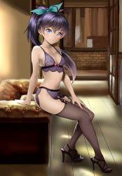 Rule 34 | 1girl, absurdres, antenna hair, aqua ribbon, bare arms, bare shoulders, black footwear, black thighhighs, blue eyes, blush, bottomless, bow, bra, breasts, cleavage, closed mouth, collarbone, commentary request, couch, earrings, fang, fang out, from side, full body, ganaha hibiki, garter belt, hair ribbon, high heels, high ponytail, highres, hoop earrings, idolmaster, idolmaster (classic), indoors, jewelry, lingerie, long hair, looking at viewer, looking to the side, navel, pink bow, purple bra, purple hair, ribbon, small breasts, smile, solo, taka (takahirokun), thighhighs, underwear, very long hair