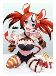 Rule 34 | 1girl, absurdres, animal ears, breasts, dice hair ornament, english text, eyebrows hidden by hair, food-themed hair ornament, garter straps, hair between eyes, hair ornament, hakos baelz, highres, hololive, hololive english, jack-o&#039;-lantern, kneehighs, mouse ears, mouse tail, nail polish, open mouth, paw pose, pumpkin hair ornament, short shorts, shorts, single kneehigh, single sock, socks, solo, striped clothes, striped thighhighs, tail, thighhighs, virtual youtuber
