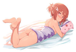 Rule 34 | 1girl, ass, bare shoulders, barefoot, bed sheet, blush, bottomless, breasts, crossed ankles, feet, hair ornament, hair ribbon, highres, legs up, looking at viewer, looking back, lying, michairu, hugging object, on stomach, pillow, pillow hug, red eyes, red hair, ribbon, short hair, short ponytail, sideboob, small breasts, smile, soles, solo, the pose, toes, yuuki yuuna, yuuki yuuna wa yuusha de aru, yuusha de aru