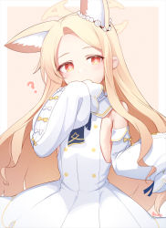 Rule 34 | 1girl, ?, animal ear fluff, animal ears, basa rutan, blonde hair, blue archive, border, bow, covered mouth, cruciform halo, detached sleeves, dress, extra ears, flower, hair flower, hair ornament, halo, highres, light blush, long hair, looking at viewer, orange eyes, outside border, parted bangs, sailor collar, seia (blue archive), simple background, sleeve bow, sleeveless, sleeveless dress, sleeves past fingers, sleeves past wrists, solo, upper body, white bow, white dress, white sailor collar, yellow bow