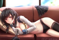 Rule 34 | 1girl, black bra, black hair, black panties, black thighhighs, blue sky, blurry, blurry background, blush, bra, unworn bra, breasts, closed mouth, commentary request, dated, day, gloves, groin, hair ornament, hair ribbon, highres, indoors, isokaze (kancolle), kantai collection, light particles, lingerie, long hair, long sleeves, looking at viewer, lounge, lying, medium breasts, navel, nuka (nvkka), on side, panties, pleated skirt, red eyes, ribbon, school uniform, serafuku, sidelocks, signature, single thighhigh, skirt, unworn skirt, sky, smile, solo, stomach, thighhighs, thighs, tress ribbon, underwear, white gloves, window