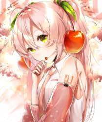 Rule 34 | 1girl, apple, apple hair ornament, bare shoulders, bob 628, cherry, cherry blossom print, cherry blossoms, commentary, detached sleeves, eating, floral print, food, food-themed hair ornament, fruit, green eyes, hair ornament, hatsune miku, highres, holding, holding food, holding fruit, leaf, leaf hair ornament, long hair, looking at viewer, necktie, pink hair, pink necktie, pink sleeves, sakura miku, shirt, sleeveless, sleeveless shirt, solo, symbol-only commentary, twintails, upper body, very long hair, vocaloid, white shirt