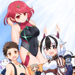 Rule 34 | 1boy, 3girls, :d, azurda (xenoblade), bare arms, bare shoulders, black gloves, black hair, black one-piece swimsuit, blush, breasts, brown eyes, brown hair, collarbone, commentary request, covered navel, crossette (xenoblade), fire, gloves, grey hair, hair between eyes, hand up, headpiece, highres, horns, large breasts, looking at viewer, medium breasts, multicolored hair, multiple girls, nia (fancy sundress) (xenoblade), nia (xenoblade), one-piece swimsuit, open mouth, orange eyes, paskmel, pyra (pro swimmer) (xenoblade), pyra (xenoblade), rex (xenoblade), smile, swimsuit, topless male, two-tone hair, uneven eyes, white hair, xenoblade chronicles (series), xenoblade chronicles 2