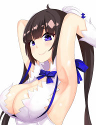 Rule 34 | 10s, 1girl, armpits, arms up, atg (wttoo0202), bad id, bad pixiv id, black hair, blue eyes, breasts, cleavage, dungeon ni deai wo motomeru no wa machigatteiru darou ka, female focus, gloves, hestia (danmachi), large breasts, long hair, rei no himo, ribbon, simple background, skindentation, smile, solo, twintails, white background, white gloves