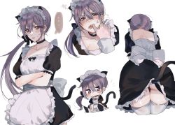 Rule 34 | 1girl, akebono (kancolle), alternate costume, anger vein, animal ears, apron, ass, black dress, breasts, cat ears, cat tail, chibi, choker, closed mouth, crossed arms, dress, enmaided, hair ribbon, inusaka, kantai collection, long hair, maid, maid headdress, medium breasts, multiple views, no panties, open mouth, ponytail, purple hair, ribbon, short sleeves, side ponytail, simple background, sweat, tail, thighhighs, white apron, white background, white thighhighs