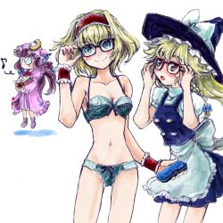 Rule 34 | 3girls, adjusting eyewear, alice margatroid, apron, bespectacled, blonde hair, blue eyes, boots, bow, box, bra, braid, breasts, brown eyes, cleavage, collarbone, crescent, dress, female focus, floating, glasses, glasses case, hair bow, hat, hat ribbon, headband, kirisame marisa, long hair, looking at another, looking at viewer, mob cap, multiple girls, musical note, nanashii (soregasisan), panties, patchouli knowledge, puffy short sleeves, puffy sleeves, purple hair, ribbon, robe, shadow, short hair, short sleeves, simple background, single braid, smile, touhou, underwear, underwear only, vest, waist apron, whistling, white background, witch hat, wrist cuffs