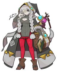 Rule 34 | 1girl, aged up, asteria of the white woods, bag, black sweater, book, boots, braid, breasts, brown footwear, cleavage, cleavage cutout, clothing cutout, dillo (smootharmadillo), duel monster, full body, grey eyes, grey hair, handbag, high heel boots, high heels, highres, holding, holding book, hood, hood up, hooded coat, large breasts, looking at viewer, monocle, pantyhose, red pantyhose, sign, simple background, solo, staff, sweater, twin braids, white background, yu-gi-oh!