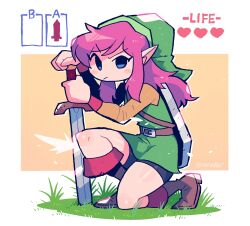 Rule 34 | 1girl, absurdres, belt, blush, boots, brown footwear, brown shirt, closed mouth, collared shirt, commentary, earrings, english commentary, full body, gem, green eyes, green hat, hat, highres, holding, holding sword, holding weapon, hylian shield, jewelry, knee boots, kneeling, link, link (shounen captain), long sleeves, looking at viewer, map, master sword, medium hair, multiple earrings, nintendo, pointy ears, rariatto (ganguri), red gemstone, red hair, shield, shirt, sidelocks, solo, split mouth, standing, straight-on, sword, the legend of zelda, the legend of zelda: a link to the past, thighs, triforce, tunic, weapon, yellow gemstone