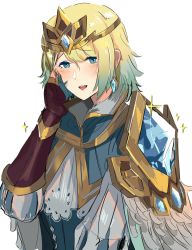 Rule 34 | 1girl, absurdres, blonde hair, blue eyes, blue hair, crown, earrings, feather trim, fire emblem, fire emblem heroes, fjorm (fire emblem), gradient hair, highres, jewelry, looking at viewer, multicolored hair, nintendo, ormille, short hair, simple background, smile, white background
