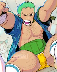Rule 34 | 1boy, alternate body hair, bara, bare pectorals, bulge, chest hair, feet out of frame, from above, green hair, large pectorals, leg hair, long sideburns, male focus, muscular, muscular male, nipples, one eye closed, one piece, open clothes, open shirt, outstretched arms, pectorals, roronoa zoro, short hair, sideburns, solo, spread legs, thick thighs, thighs, toraboi