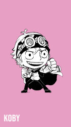 Rule 34 | 1boy, antenna hair, blacknirrow, character name, chibi, clenched hands, coat, coat on shoulders, koby (one piece), english text, eyewear on head, fighting stance, floral print, full body, hands up, happy, headband, highres, legs apart, long sleeves, male focus, medal, monochrome, one piece, open mouth, pants, pink background, round eyewear, scar, scar on face, scar on forehead, scarf, shirt, shoes, short hair, simple background, sketch, smile, solo, standing, sunglasses, teeth, v-shaped eyebrows