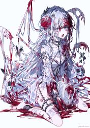 1girl absurdres blood blood_from_mouth blood_on_clothes blood_on_face blood_on_hands blood_splatter chain dress flower highres long_hair looking_at_viewer original rose simple_background skirt solo umemaro_(siona0908)