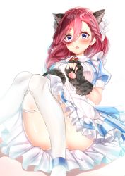 Rule 34 | 1girl, absurdres, animal ears, animal hands, anklet, blue dress, blue eyes, blush, braid, breasts, brown hair, cat ears, cat paws, commentary request, dress, fingerless gloves, frilled skirt, frills, gloves, go-toubun no hanayome, hair between eyes, highres, jewelry, large breasts, long hair, looking at viewer, maid, nakano miku, open mouth, red hair, red neckwear, shirt, skirt, solo, thighhighs, thighs, toratora (nanahaba)