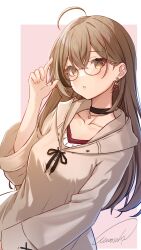 Rule 34 | 1girl, absurdres, ahoge, arm up, berry, black choker, brown eyes, brown hair, brown hoodie, choker, earrings, food-themed earrings, glasses, highres, hololive, hololive english, hood, hoodie, jewelry, long hair, looking at viewer, multicolored hair, nail art, nanashi mumei, nanashi mumei (casual), necklace, official alternate costume, oversized clothes, parted lips, purple (jobseeking), red shirt, round eyewear, runes, shirt, streaked hair, sweater, very long hair, virtual youtuber, white sweater, wide sleeves