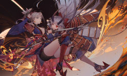 Rule 34 | 2girls, armor, asymmetrical hair, bike shorts, blood, blue eyes, closed mouth, fate/grand order, fate (series), fire, floating hair, floral print, grey hair, holding, holding sword, holding weapon, japanese armor, japanese clothes, katana, kawacy, kimono, kusazuri, leaf print, long hair, looking at another, miyamoto musashi (fate), miyamoto musashi (third ascension) (fate), multiple girls, obi, open mouth, ponytail, purple kimono, red eyes, sandals, sash, shoulder armor, sode, sword, tomoe gozen (fate), weapon