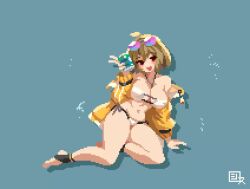 Rule 34 | 1girl, :d, ahoge, animated, anis (nikke), anis (sparkling summer) (nikke), bare shoulders, bikini, blonde hair, blue background, blush, breasts, can, eyewear on head, full body, goddess of victory: nikke, holding, holding can, jacket, jewelry, large breasts, long sleeves, navel, necklace, off shoulder, open clothes, open jacket, open mouth, pixel art, shirosu, short hair, side-tie bikini bottom, simple background, sitting, smile, solo, splashing, stirrup footwear, swimsuit, tagme, thighs, v, video, white bikini