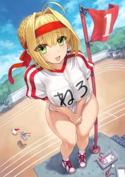 Rule 34 | ahoge, banner, blonde hair, bottomless, braid, buruma, clothes writing, covering crotch, covering privates, day, eyes visible through hair, fate (series), flag, full body, green eyes, gym uniform, hair intakes, mogudan, name tag, nero claudius (fate), nero claudius (fate) (all), nero claudius (fate/extra), nero claudius (olympian bloomers) (fate), official alternate costume, outdoors, solo, standing, track and field