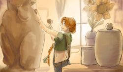 Rule 34 | 1girl, blue pants, body freckles, braid, braided ponytail, commentary, english commentary, floop249, flower, freckles, from side, green shirt, hammer, highres, holding, holding hammer, indoors, leah (stardew valley), long hair, midriff, open mouth, orange hair, pants, profile, purple eyes, sculpting, sculpture, shirt, short sleeves, smile, solo, stardew valley, sunflower, suspenders, table, very long hair, window, yellow flower
