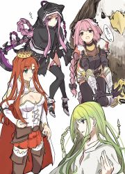 Rule 34 | 2boys, 2girls, alternate costume, alternate hairstyle, androgynous, astolfo (fate), bad id, bad twitter id, bird, boudica (fate), boudica (third ascension) (fate), braid, chain, crossdressing, crown, enkidu (fate), fang, fate/apocrypha, fate/grand order, fate/strange fake, fate (series), green eyes, green hair, hair ribbon, highres, long hair, looking at viewer, medusa (fate), medusa (lancer) (fate), medusa (rider) (fate), multiple boys, multiple girls, nari, open mouth, pink hair, red hair, ribbon, rider, shrug (clothing), smile, teshima nari, thighhighs, trap, weapon, white background