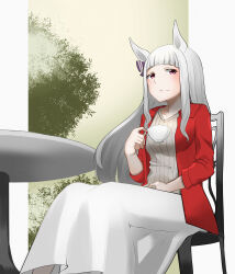 Rule 34 | 1girl, absurdres, alternate costume, animal ears, bow, breasts, commentary request, cup, ear bow, gold ship (umamusume), grey hair, highres, holding, holding cup, horse ears, horse girl, jacket, janome de omukae, long hair, long sleeves, medium breasts, on chair, open clothes, open jacket, purple bow, red eyes, red jacket, ribbed sweater, sitting, skirt, solo, sweater, table, teacup, umamusume, white skirt