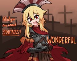 Rule 34 | 1girl, armor, blonde hair, centurii-chan, centurii-chan (artist), commentary, cross, english commentary, english text, greco-roman clothes, highres, long hair, looking at viewer, open mouth, original, own hands together, red eyes, roman clothes, sidelocks, smile, solo, teeth, upper teeth only