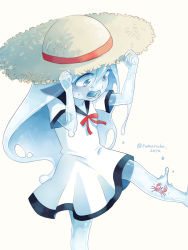 Rule 34 | 1girl, blue eyes, blue skin, child, colored skin, cowboy shot, crab, dress, female focus, hat, highres, monster girl, open mouth, original, see-through body, simple background, slime girl, solo, surprised, twitter username, white background, wide-eyed, yamanobe