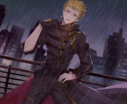 Rule 34 | 1boy, absurdres, black pants, blonde hair, building, dutch angle, earrings, fate/stay night, fate (series), gilgamesh (fate), gilgamesh (gilgamesh in ny) (fate), head tilt, highres, jewelry, male focus, night, official alternate costume, outdoors, pants, rain, red eyes, rooftop, solo, zhongnan