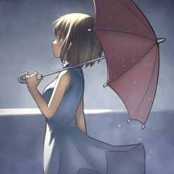 Rule 34 | 1girl, aaaa (quad-a), bad id, bad pixiv id, bare arms, black eyes, blue dress, blush, breasts, brown hair, brown umbrella, dress, from side, highres, holding, holding umbrella, looking away, medium breasts, original, outdoors, profile, rain, short hair, sleeveless, sleeveless dress, solo, umbrella