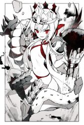 Rule 34 | 1girl, bikini, border, braid, chalice, criss-cross halter, crown, cup, debris, dragon claw, dragon tail, fate/grand order, fate/grand order arcade, fate (series), flat chest, greyscale, halterneck, highres, looking at viewer, monochrome, navel, nero claudius (fate), nero claudius (fate) (all), queen draco (fate), queen draco (second ascension) (fate), red bikini, red eyes, red theme, short hair, smile, solo, spot color, swimsuit, tail, white border, yuui1994