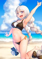 Rule 34 | 1girl, absurdres, arm up, armpits, barefoot, beach, bikini, black bikini, black bow, blue sky, blurry, blurry background, blurry foreground, bow, braid, breasts, cloud, cloudy sky, commentary request, depth of field, grey eyes, groin, hair bow, highres, horizon, index finger raised, kizuna akari, leg up, long hair, looking at viewer, medium breasts, navel, nicchi, ocean, open mouth, partial commentary, side-tie bikini bottom, silver hair, sky, smile, solo, standing, standing on one leg, swimsuit, twin braids, twintails, very long hair, voiceroid
