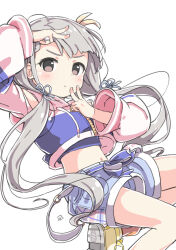 Rule 34 | 1girl, arm up, blue shirt, blue shorts, blush, braid, braided bangs, breasts, brown eyes, character name, closed mouth, crop top, cropped jacket, cropped shirt, dot nose, from side, grey hair, hand up, hisakawa nagi, idolmaster, idolmaster cinderella girls, idolmaster cinderella girls starlight stage, jacket, kuresuku (lessons), long hair, long sleeves, looking at viewer, low twintails, midriff, multicolored clothes, multicolored jacket, navel, shirt, shoes, shorts, simple background, small breasts, sneakers, solo, twintails, two-tone jacket, v, v-shaped eyebrows, very long hair, white background, yellow footwear, zipper