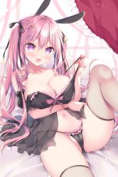 Rule 34 | animal ears, bed sheet, black camisole, black panties, black ribbon, blush, breasts, cameltoe, camisole, cleavage, cleft of venus, commentary request, fishnet thighhighs, fishnets, hair between eyes, hair ornament, hair ribbon, hairclip, highres, large breasts, looking at viewer, lying, micro panties, navel, on back, open mouth, original, panties, partially visible vulva, pink hair, purple eyes, rabbit ears, rabbit girl, ribbon, sidelocks, solo, thighhighs, twintails, underwear, watagashi yui