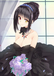 Rule 34 | 10s, 1girl, bare shoulders, black bow, black dress, black gloves, black hair, blush, bouquet, bow, breasts, cleavage, clock eyes, collarbone, cross, curtains, date a live, dress, elbow gloves, flower, gloves, hairband, heterochromia, holding, holding bouquet, holding flower, indoors, jewelry, large breasts, lolita fashion, lolita hairband, long hair, looking at viewer, necklace, purple rose, red eyes, rose, signature, smile, solo, symbol-shaped pupils, tokisaki kurumi, toyozero, twintails, upper body, window, yellow eyes