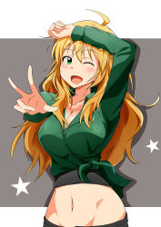 Rule 34 | 1girl, :d, absurdres, ahoge, blonde hair, blush, breasts, cleavage, green eyes, highres, hoshii miki, idolmaster, idolmaster (classic), j yak47, long hair, looking at viewer, midriff, navel, one eye closed, open mouth, shirt, smile, solo, star (symbol), stomach, tied shirt, v