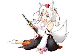Rule 34 | 1girl, animal ears, arm support, bare shoulders, breasts, clothing cutout, detached sleeves, hat, inubashiri momiji, katana, kitsunetsu (rcu be1s), leaf, looking at viewer, maple leaf, midriff, navel, open mouth, panties, pom pom (clothes), red eyes, ribbon-trimmed sleeves, ribbon trim, short hair, side cutout, skirt, sleeveless, sleeveless turtleneck, socks, solo, string panties, sword, tail, tokin hat, touhou, tsurime, turtleneck, underwear, weapon, white hair, wolf ears, wolf tail