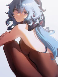 Rule 34 | 1girl, ahoge, back, backless outfit, bare shoulders, blue hair, blush, bow, breast press, breasts, brown pantyhose, distr, from side, ganyu (genshin impact), genshin impact, highres, horns, light smile, long hair, looking at viewer, low ponytail, pantyhose, purple eyes, sidelocks, solo