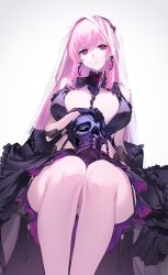 Rule 34 | 1girl, black dress, breasts, cleavage, dress, garter straps, headdress, highres, hololive, hololive english, large breasts, legs together, mori calliope, pink hair, red eyes, revealing clothes, sitting, skull, virtual youtuber, yaguo