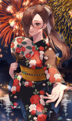 Rule 34 | 1girl, absurdres, alternate costume, black kimono, blush, bow, braid, brown eyes, brown hair, closed mouth, commentary request, fire emblem, fire emblem fates, fireworks, floral print, french braid, hair bow, hair over one eye, hand fan, highres, holding, holding fan, japanese clothes, kagero (fire emblem), kimono, lips, long hair, looking at viewer, night, night sky, nintendo, obi, one eye covered, outdoors, paper fan, pink lips, ponytail, print kimono, reaching, reaching towards viewer, sash, sky, smile, solo, wawatiku, white bow, wide sleeves, yukata
