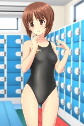 Rule 34 | 1girl, absurdres, asics, bench, black one-piece swimsuit, blurry, breasts, brown eyes, brown hair, competition swimsuit, cowboy shot, depth of field, girls und panzer, gluteal fold, highres, indoors, locker, locker room, logo, looking to the side, nishizumi miho, one-piece swimsuit, parted lips, short hair, small breasts, solo, standing, swimsuit, takafumi