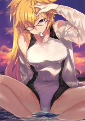 Rule 34 | 1girl, bare shoulders, bikini, blonde hair, blue eyes, breasts, cloud, commentary request, competition swimsuit, covered navel, dusk, fate/grand order, fate (series), hair between eyes, hand on own head, jeanne d&#039;arc (fate), jeanne d&#039;arc (ruler) (fate), jeanne d&#039;arc (swimsuit archer) (fate), jeanne d&#039;arc (swimsuit archer) (second ascension) (fate), large breasts, long hair, looking at viewer, off-shoulder, off-shoulder sweater, off shoulder, ohland, one-piece swimsuit, one eye closed, partially submerged, sitting, sky, solo, spread legs, sweater, swimsuit, water, wet, wet clothes, whistle, whistle around neck